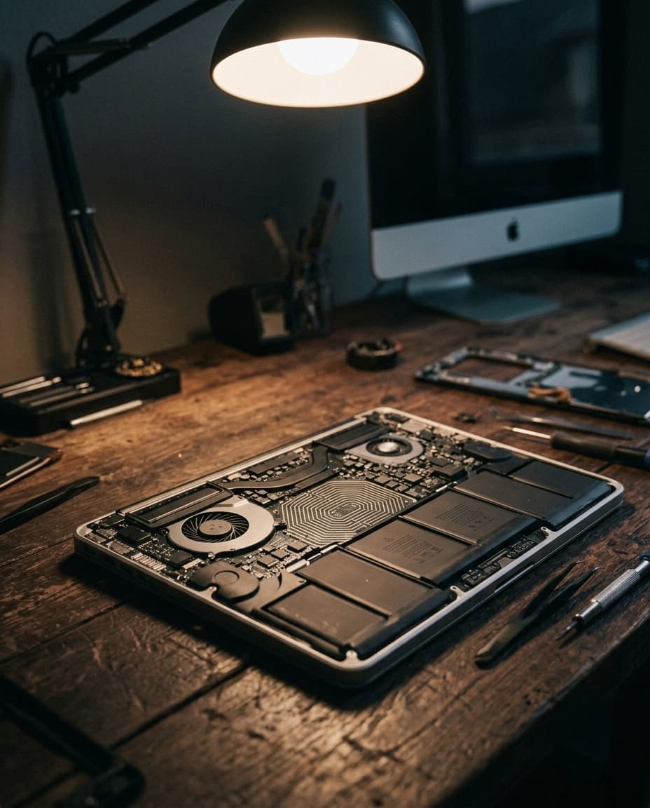 Apple-Reparatur in Zürich: geöffnetes MacBook mit Logic-Board und ein iMac im Hintergrund auf der Werkbank
